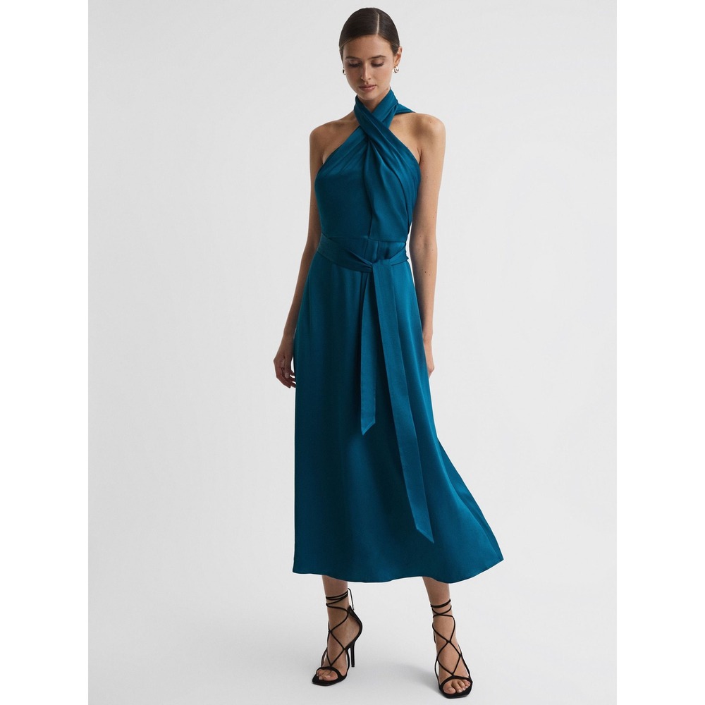 NWT Reiss Vida Satin Halter Neck Dress in Teal / Size 4 / In stores for $475!